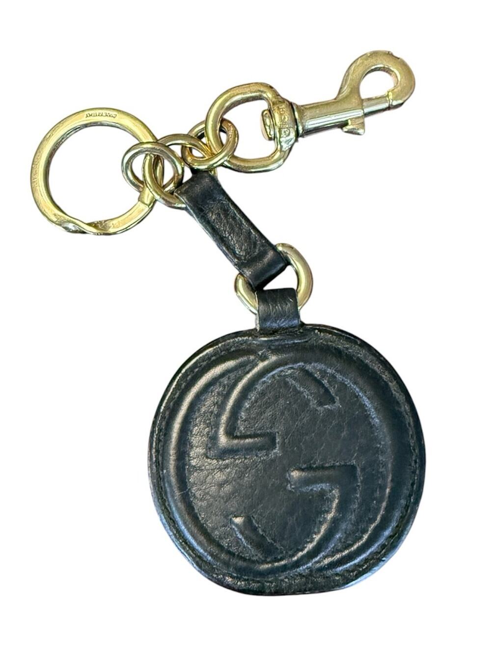 Vintage Gucci Pebbled Leather GG Logo Round Keyring Black Gold
